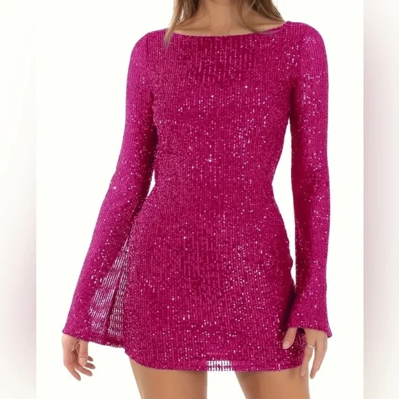 Pink Sequin Long Sleeve Backless Bodycon Mini Dress - Picture 2 of 5